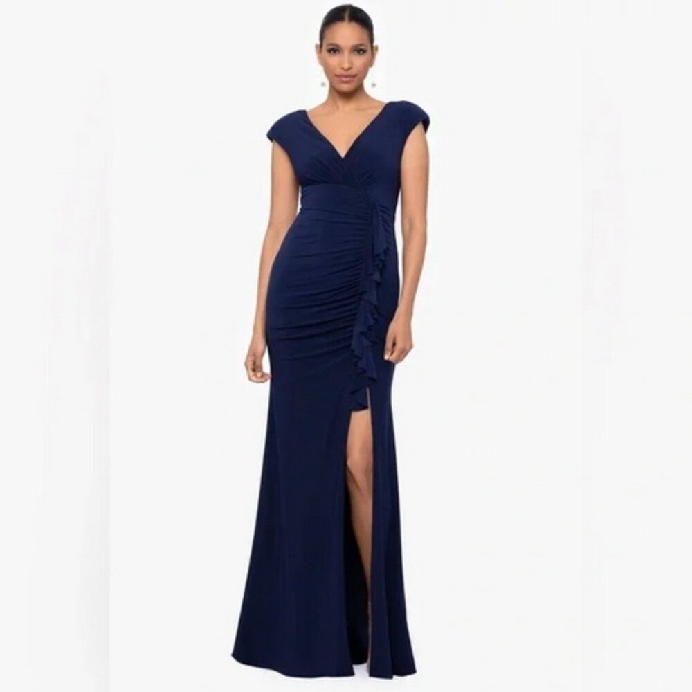 Xscape Navy Blue Jeanie Jersey Knit V Neck Front Ruffle Gown